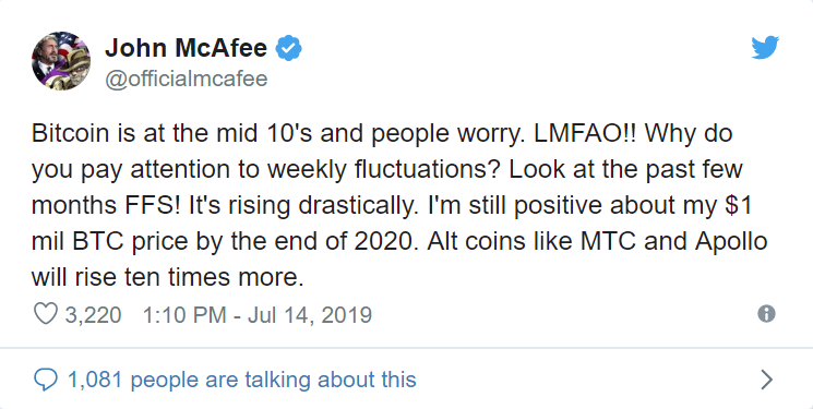 Ostalo je le še 375 dni za McAfeejevo $ 1M Bitcoin stavo